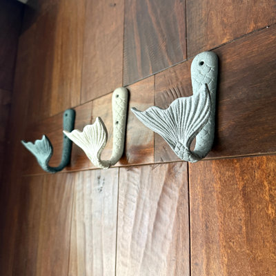 Coastal Wall-Mounted Cast Iron Mermaid Tail Hook Set of 3, Blue, Gray, and White, 5 Inches High