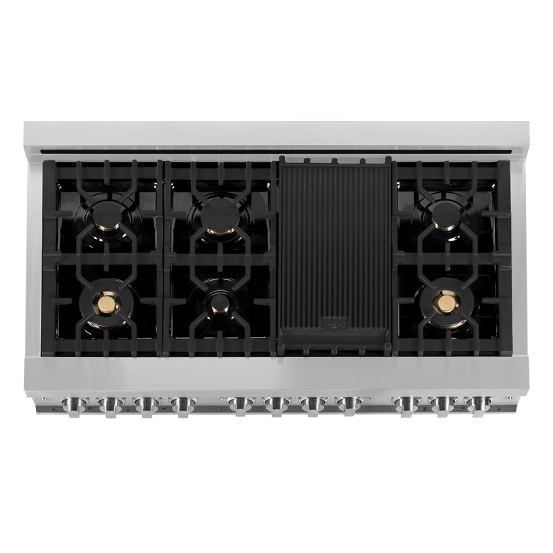 ZLINE 48" Legacy Dual Fuel Range w/ 7 Burner Gas Cooktop and 2 Electric Ovens, Brass Burners Stainless Steel