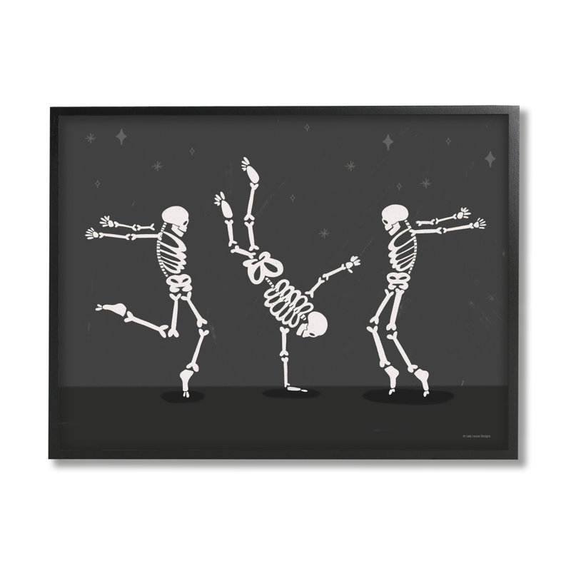 Trois squelettes dansants, impression sur bois, Giclée encadrée noir minuit, H 11 po x l 14 po x P 1,5 po