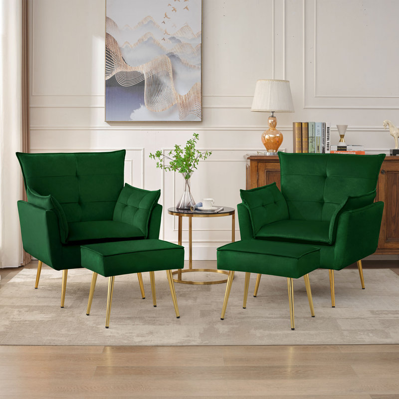 Fauteuil rembourré avec repose-pieds Vaishal, Velours vert