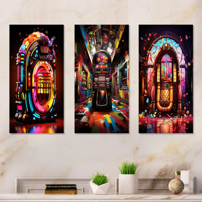 Jukebox Machine Neon Grooves I - Jukeboxes, ensemble de 3 impressions sur toile