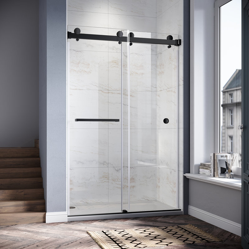 UKD01 46 to 49 in. x 80 in. H Frameless Double Sliding Shower Door with 3/8 in. (10mm) Clear Glass, Matte Black