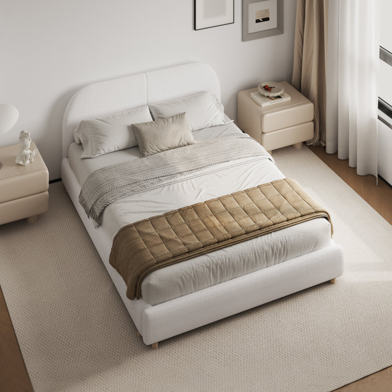 Boucle Upholstered Bed Frame With Tall Curved Headboard, Modern Minimalist Style, Queen, Beige
