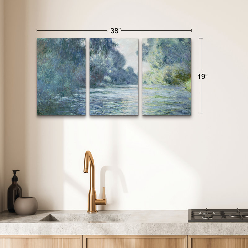 Ensemble de 3 panneaux - Claude Monet, "Branche de la seine près de Giverny", art mural sur toile pour le salon, la chambre à coucher ou le bureau 