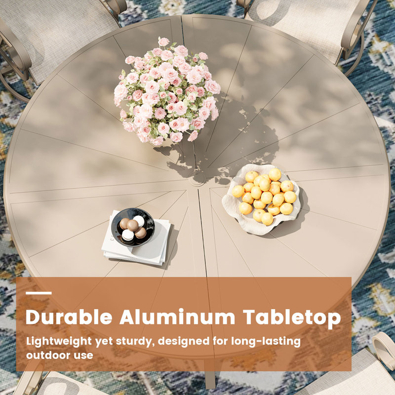 Aluminum Patio Dining Set with 53" Aluminum Round Dining Table and 6 PVC-coated polyester Swivel Chairs, Cream/Cream