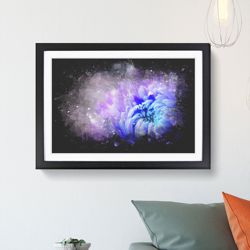 Lilac & Blue Chrysanthemum Paint Splash - Picture Frame Graphic Art, 45cm H x 63cm W x 2cm D, Black Framed