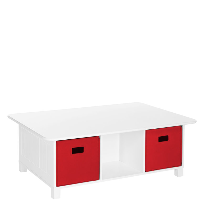 RiverRidge Kids Desk, Activity and Play Table with 6 Storage Cubbies - White with 2 Fabric Bins, White/Red