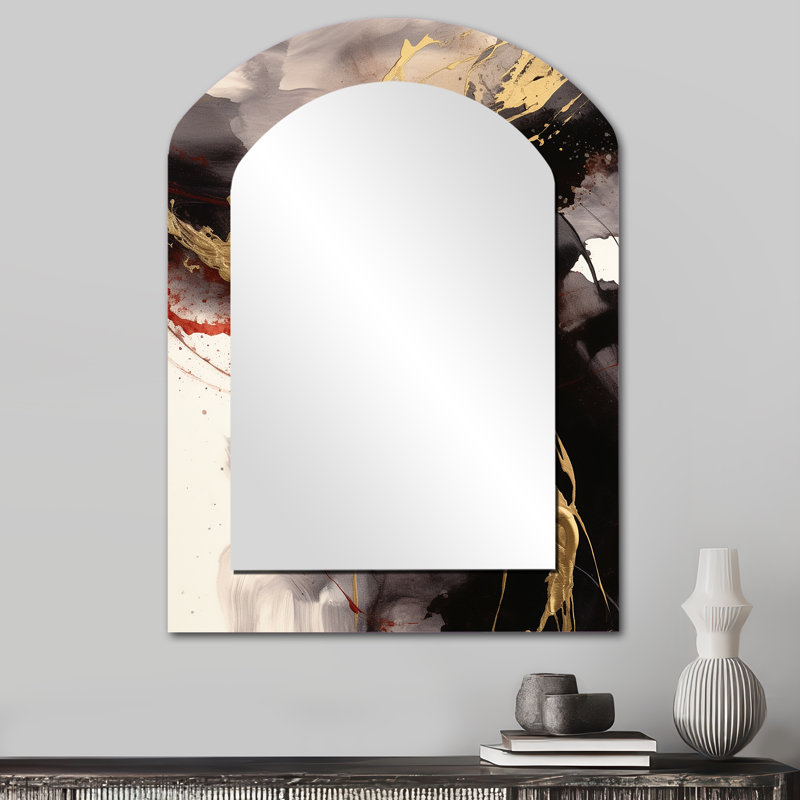 Or et rouge Flusion Fusion II - miroir mural asymétrique abstrait, miroir arqué moderne, impression sur métal, 34 po x 25 po