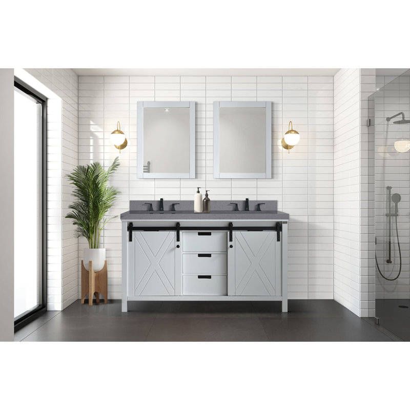 Meuble-lavabo double blanc l 60 po x P 22 po, comptoir en quartz gris, ensemble de robinets et miroirs 24 po
