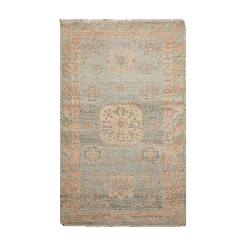 Tapis oriental 3 po x 5 po en laine nouée à la main style afghan Oushak ardoise, couleur rosé