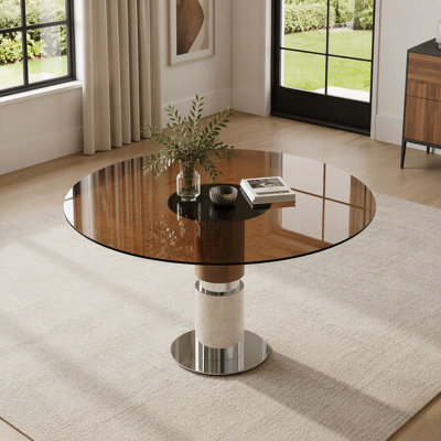 Table de salle à manger ronde en verre trempé avec base en acier inoxydable, 2 à 4 places, peu encombrante