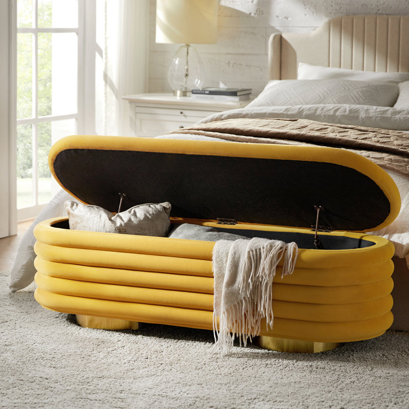 Nettie 54" Modern Velvet Boucle Upholstered Tufted Storage Bench with Gold-finished Metal Legs, Mustard