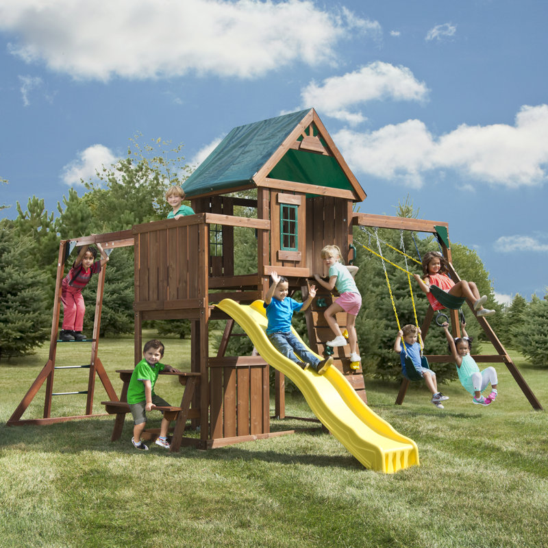 Chesapeake Wooden Swing Set with Slide, Swings, Climbing Wall and Monkey Bars
