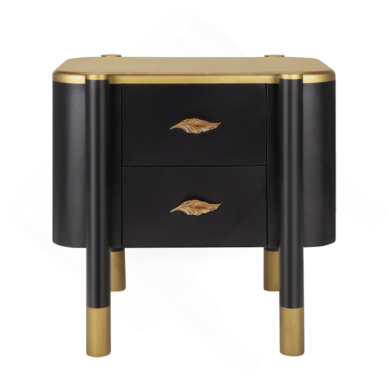 Contemporary 2 Drawers Nightstand With Curved Profile Design, Bedside Table With Metal Feather-Shaped Handles And Exposed Legs, End Table For Living Room And Bedroom, Easy Assembly
