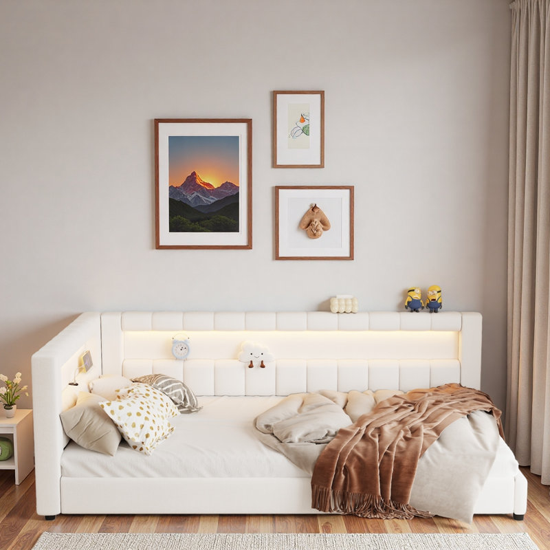 Upholstered Daybed With Usb Ports And Led Light Strips, Cream White, Twin Extra-Long