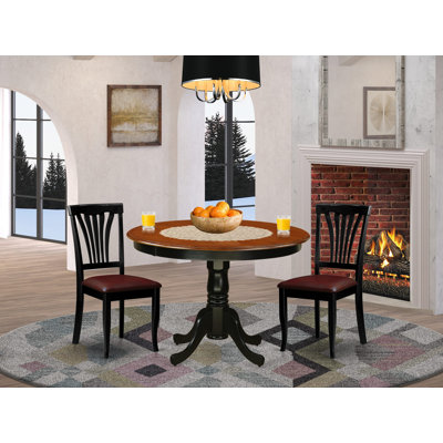 3 Piece Dinette Set for Small Spaces Contains a Round Dining Table with Pedestal and 2 Faux Leather Dining Room Chairs, 42x42 Inch, Black & Cherry