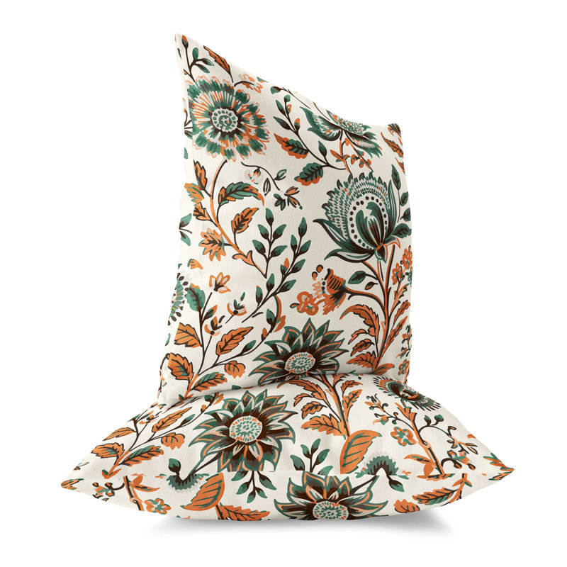 Orange and Teal Floral Faux Suede Square Throw Pillow