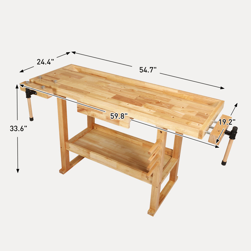 Banc de rangement en bois d'hévéa robuste 55 po avec 1 tiroir et poignées réglables