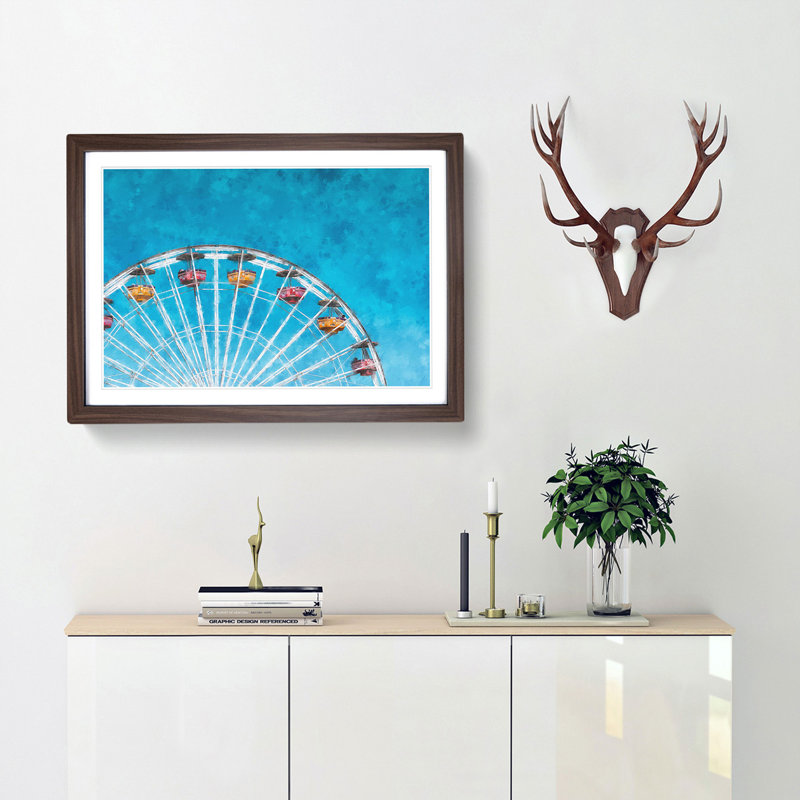 Santa Monica Pier Ferris Wheel - Picture Frame Painting Print, 33cm H x 45cm W x 2cm D, Walnut Framed