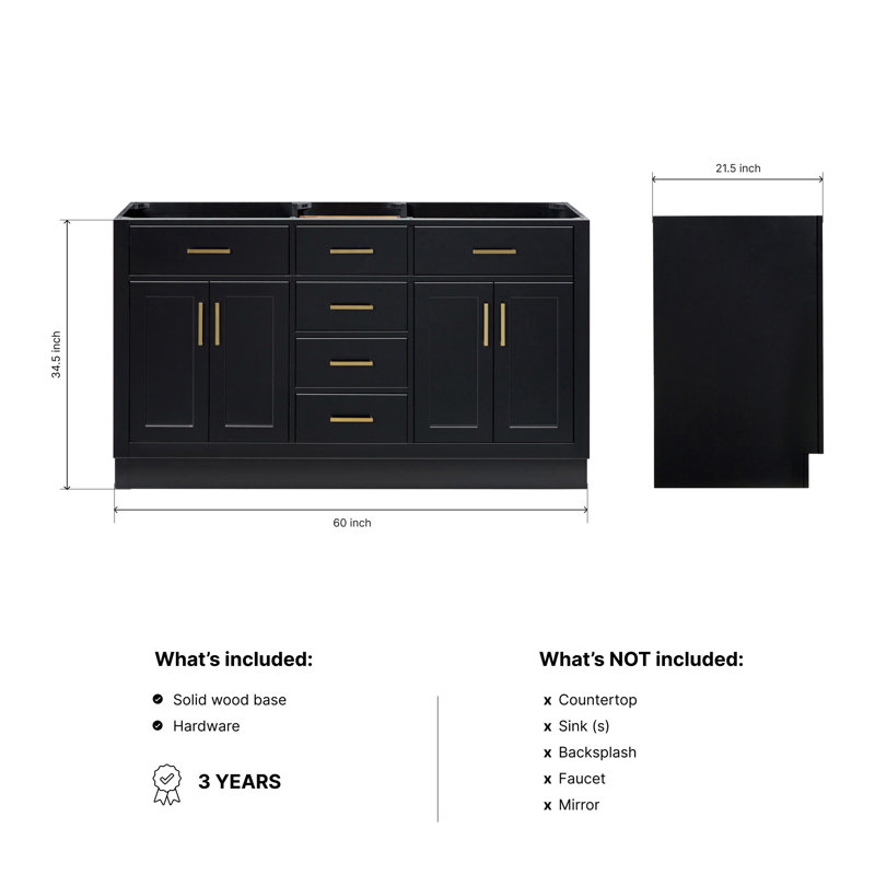 60" Double Bathroom Vanity Base Only, Black