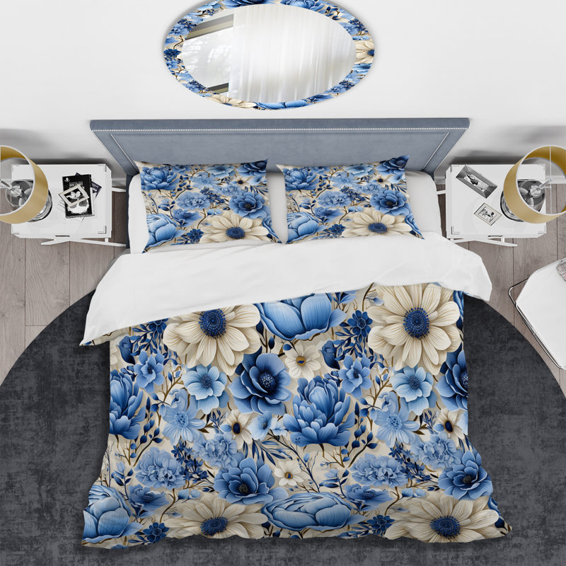 Ensemble de housse de couette à motif floral blanc et bleu Bliss, Housse de couette simple + 1 taie décorative stan