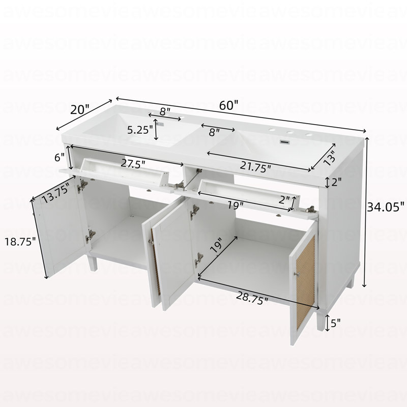 Meuble-lavabo de 60 po avec lavabo double (lavabo SMC), grand espace de rangement avec 2 plateaux basculants / tiroirs rabattables et 4 portes à fermeture douce, pieds en bois massif et boutons en métal argenté, blanc