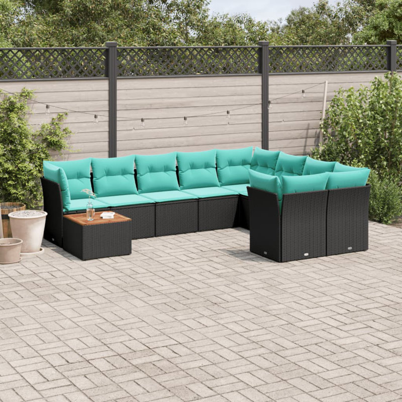 Ensemble de canapé de patio 10 pièces avec coussins en rotin de polyester, Bleu clair, Noir