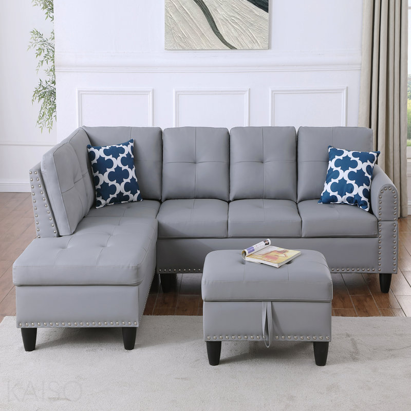 Canapé modulaire en similicuir avec repose-pieds, Similicuir gris