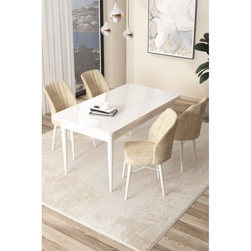 Ensemble de table et chaises de salle à manger moderne 5 pièces, blanc / crème, 43,3 po x 29,9 po x 27,9 po | Panneau de particules 100% mélaminé avec pieds en bois | Structure de chaise en métal avec tissu Jerry | Sièges en mousse confortables | Décoration intérieure élégante