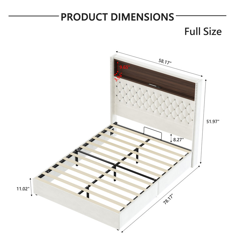 Structure de lit double capitonnée en velours avec USB et veilleuse, tête de lit et tablette à oreilles de 52 po de hauteur avec rivets, beige