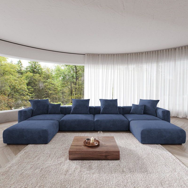 Modern Modular Slipcovered Corduroy U-Shaped Slipper Sectional Sofa With Ottoman, Blue