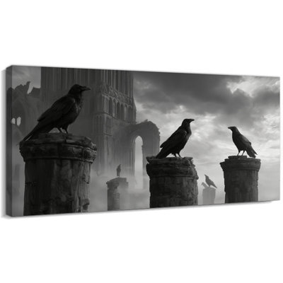 Halloween d'Halloween gothique Raven, impression sur toile, fantaisie sombre, impression de corbeau gothique pour une ambiance de maison Spooky, scène mystérieuse rétro, toile tendue avec cadre en pin, 20 po x 40 po