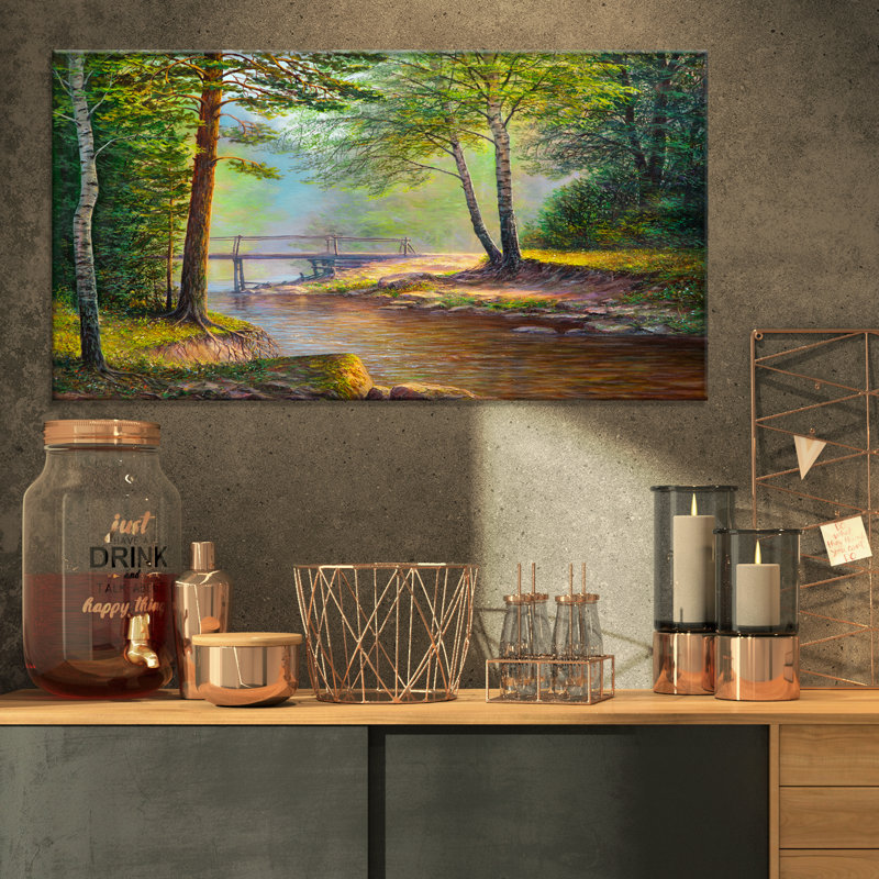 «River with Bridge in Summer Forest», reproduction sur toile tendue, H 16 po x l 32 po x P 1 po
