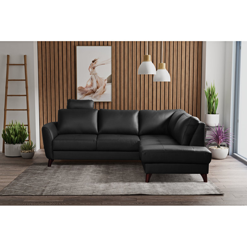 Migues Genuine Leather Corner Sofa with Sleeping Function and Storage, Right Hand Facing, Black