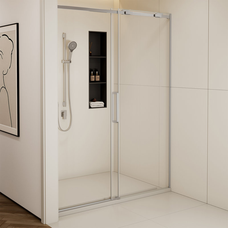 56-60"W x74"H Semi-Frame Single Sliding Shower Door,304 Stainless Steelin Brushed Nickel finish,5/16" (8mm) Thick SGCC Tempered Clear Glass,Type C Wrapped Guide Rail Anti-derailment Pulley