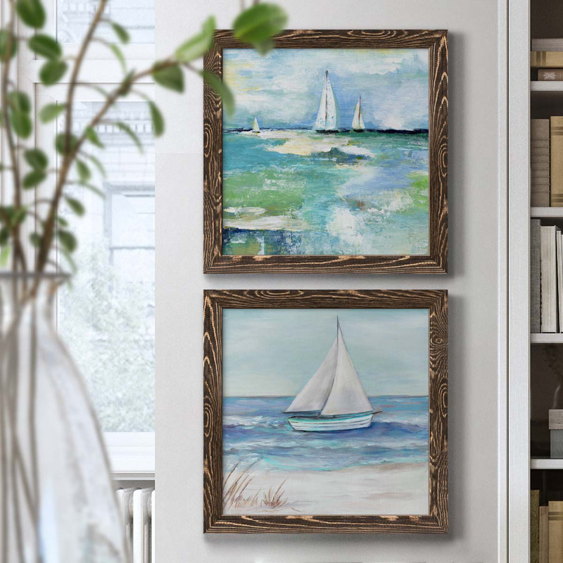 Jour sur le lac - ensemble de 2 peintures sur toile encadrées, H 17 po x l 34 po x P 1,5 po, Cadre noyer