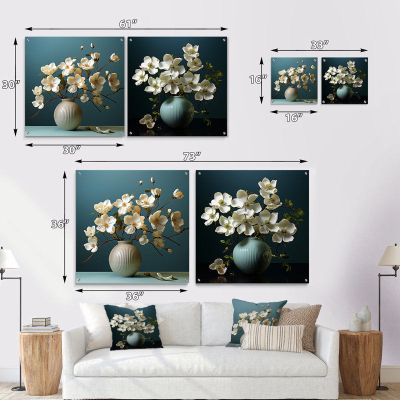 Cornouiller biologique Blooming Elegance - ensemble de 2 verres muraux en acrylique, H 36 po x l 73 po