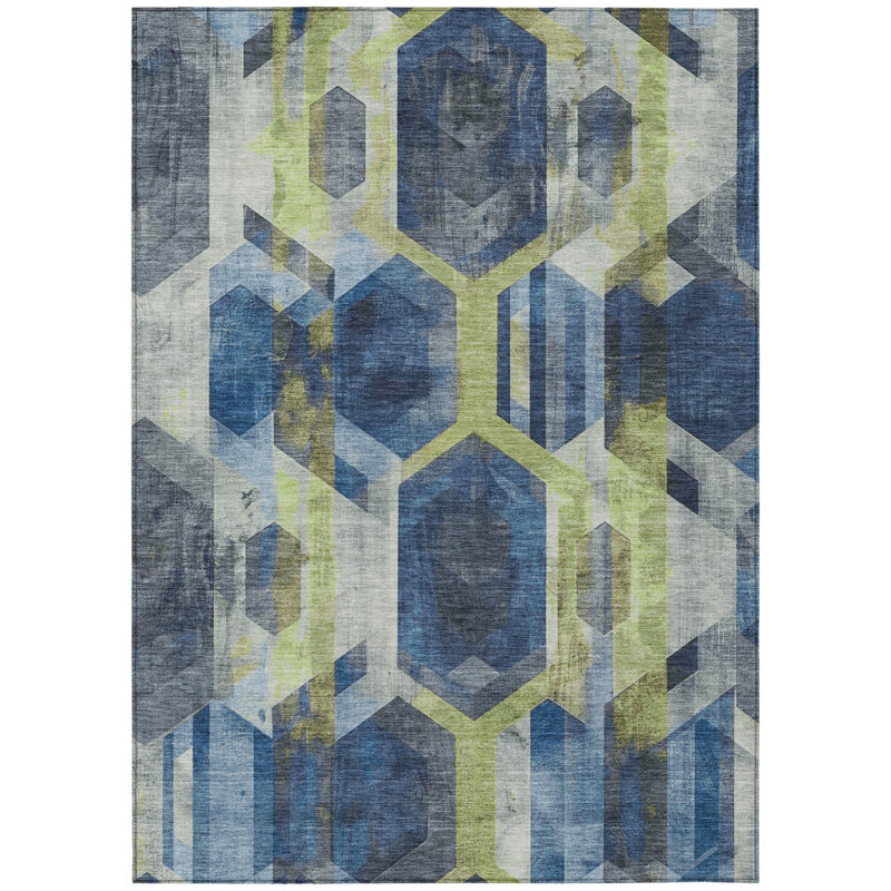 10' X 14' Navy Blue Geometric Washable Indoor Outdoor Area Rug