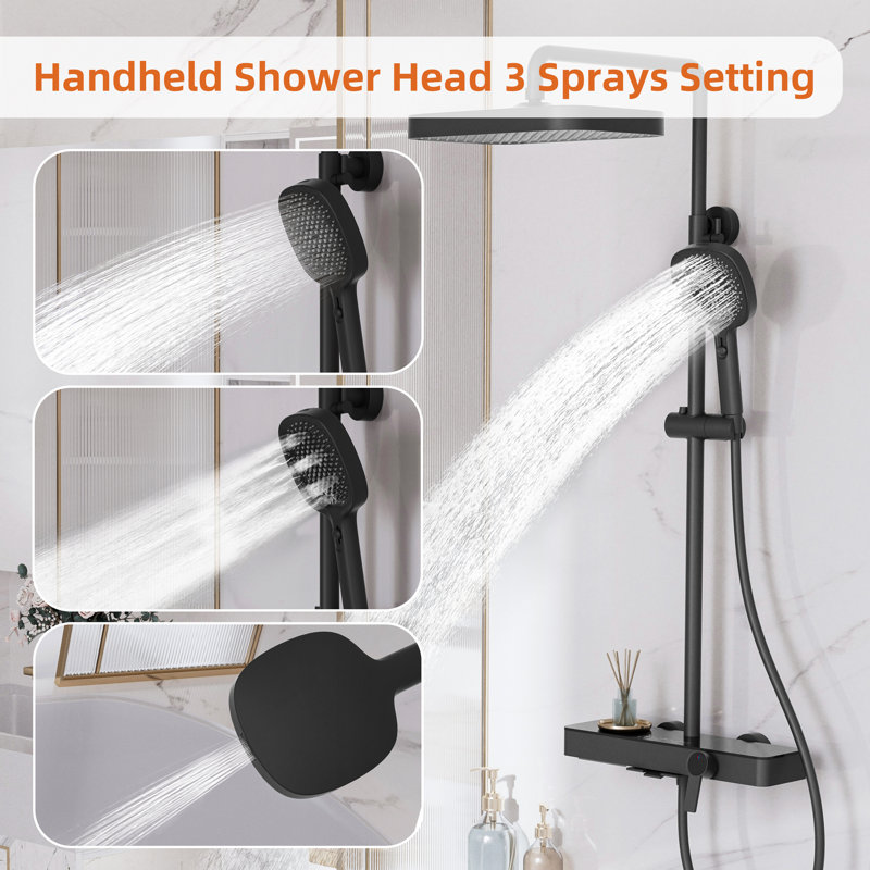 12.6" Square Rainfall Shower System With 3-Mode Handheld Shower, Matte Black, Cupc Certified, Waterfall Spout, Height Adjustable Slide Bar, 3-Button Diverter