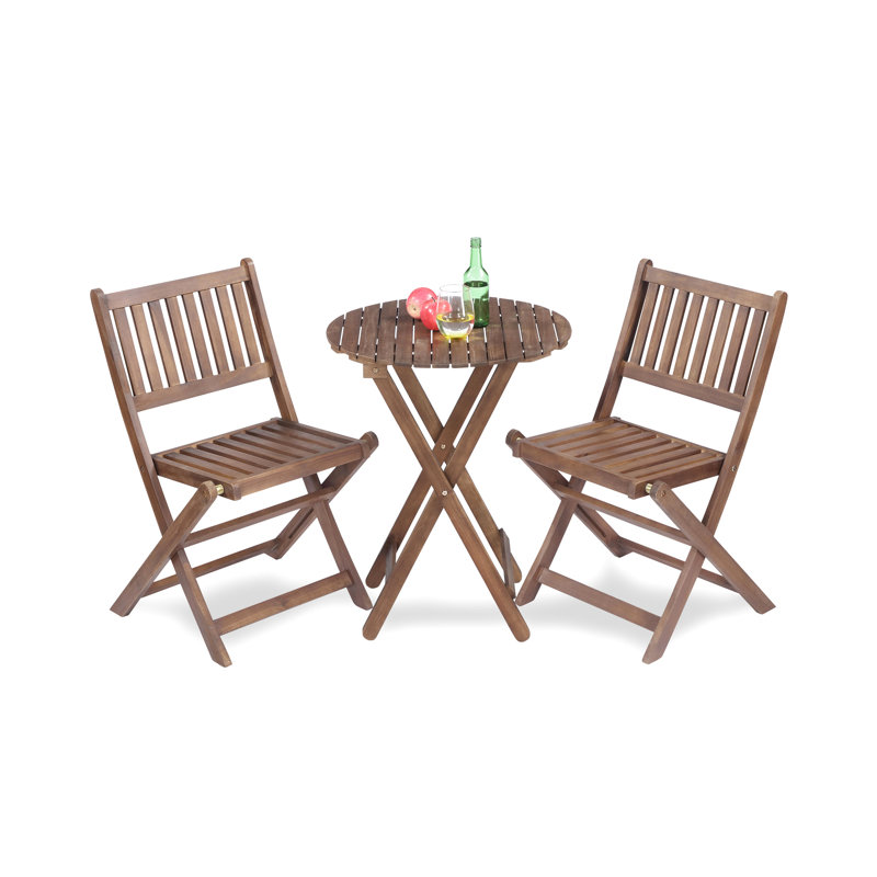 Wood 3 Bistro Patio - Folding Chairs & Coffee Table For Gardens, Backyards, Balconies, Porches, Elegant Brown Natural Stain Finish
