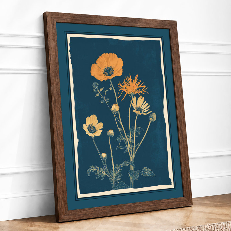 Daisy Stems in Gold Botanical - Framed Print, A4 - 29.7 x 21.0 cm, Walnut