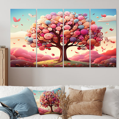 Popart, rose et bleu, arbre magique - arbre, art mural 4 pièces pour le salon