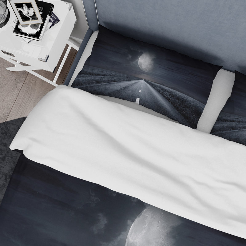 Asphalt Road Under Cloudy Full Moon III - Ensemble de housse de couette nautique et côtier - Polyester en microfibre