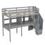 Structure de lit mezzanine avec escalier de rangement, double bureau et tablettes