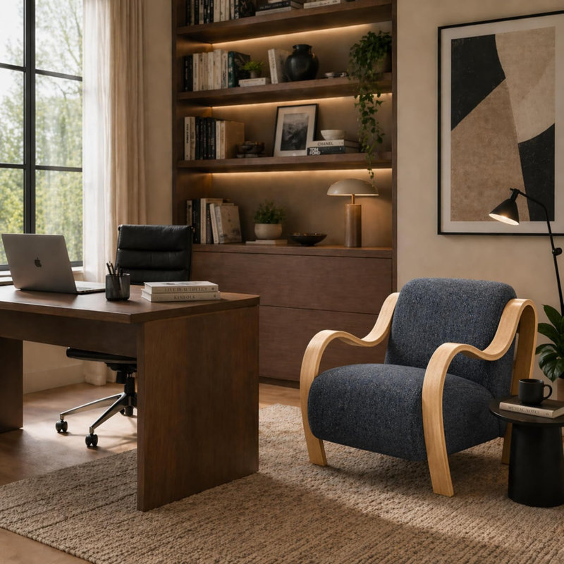 Fauteuil d'appoint Curva Luxe Boucle avec revêtement bleu marine et accoudoirs en bois naturel, fauteuil Mid-Century, Marine