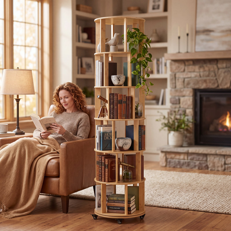 Bibliothèque tournante à 6 niveaux avec bibliothèque rotative à 360 ° en bois massif pour petits espaces, bibliothèque d'angle pour chambre à coucher, salon et salle d'étude