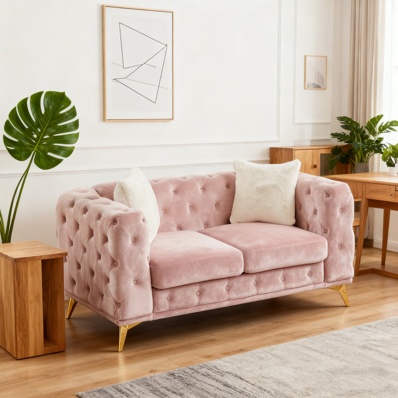 Canapé en velours de luxe moderne de 61,25 pouces avec boutons matelassés Chesterfield, 2 coussins et pieds en métal, Rose