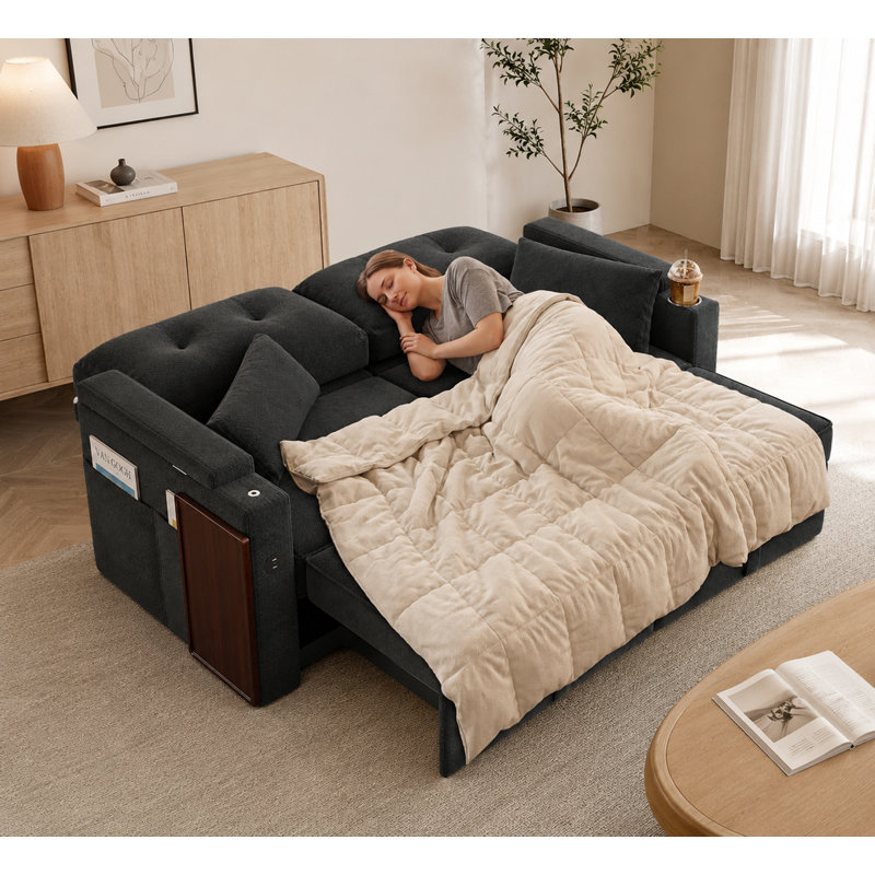 Canapé-lit convertible 3 en 1 de 185 cm (73 po), canapé-lit gigogne avec table d'appoint pivotante à 360°, revêtement en chenille douce, canapé moderne, noir
