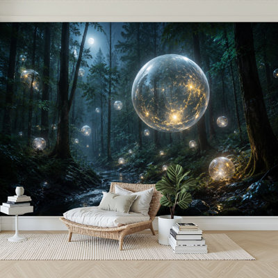 Papier peint adhésif peler et coller foncé, fantaisie, forêt, nuit, forêt, paysage, lumières magiques, papier autocollant amovible, décoration murale pour salon, chambre à coucher H 100 po x l 144 po