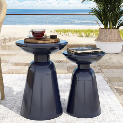 Table de bout S / 2 en métal bleu marine, style moderne avec structure en fer et piédestal, 15 x 15 x 20,96 po et 12 x 12 x 17,25 po, assemblage requis en bleu, thermolaqué 15,08 po x 15,08 po x 20,96 po